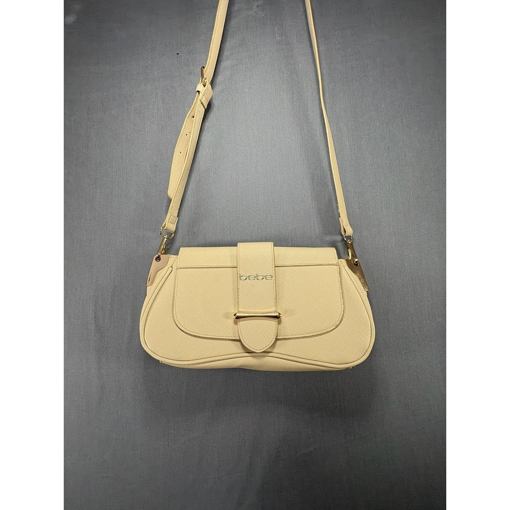 Bebe Cream Textured Shoulder Bag Gold Hardware Flap Closure